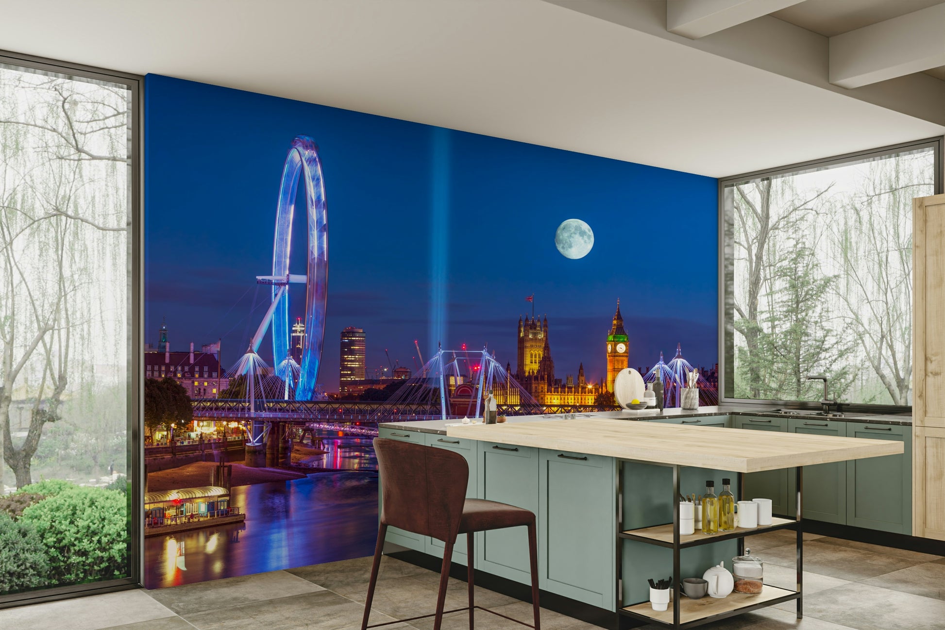 The mural is installed in a modern, quiet living room.

