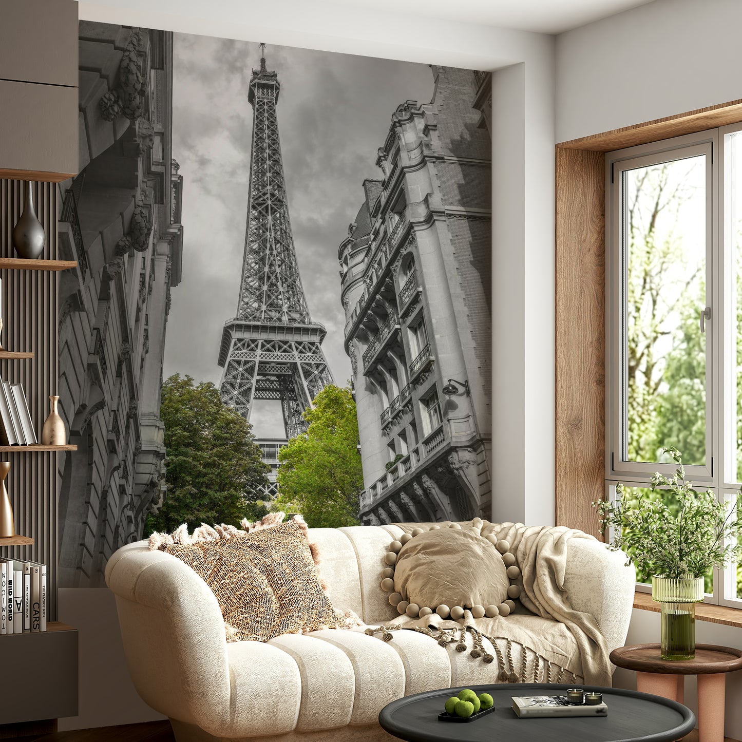 The mural is installed in a modern, quiet living room.

