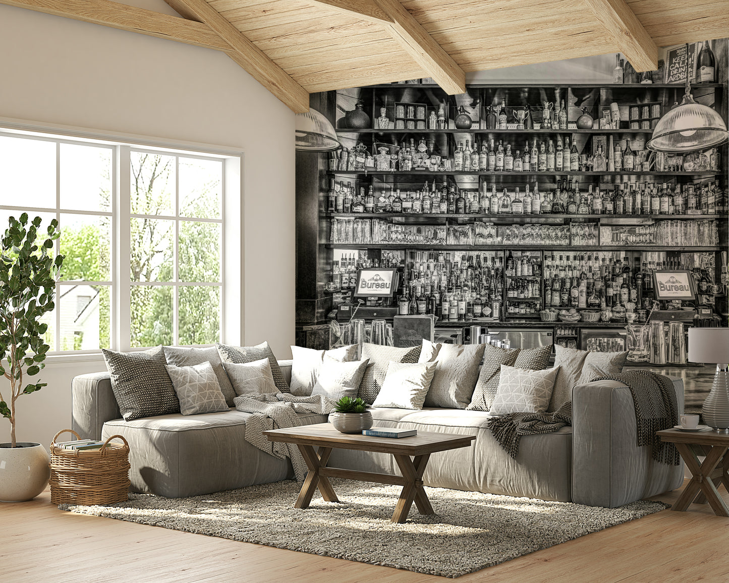 Two large pendant lights hang over the bar counter.

