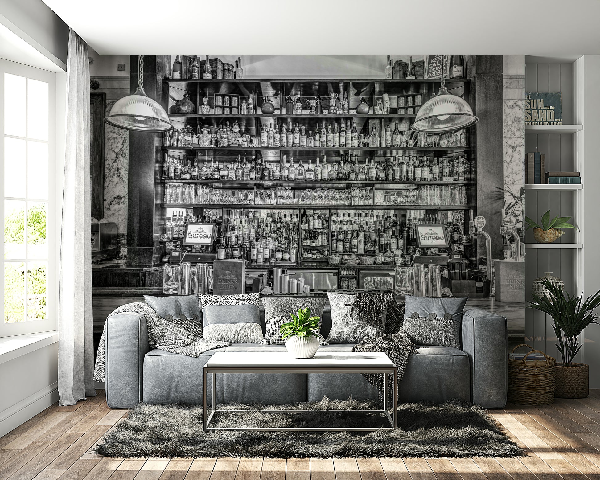 The photo is in black and white, with strong contrasts.

