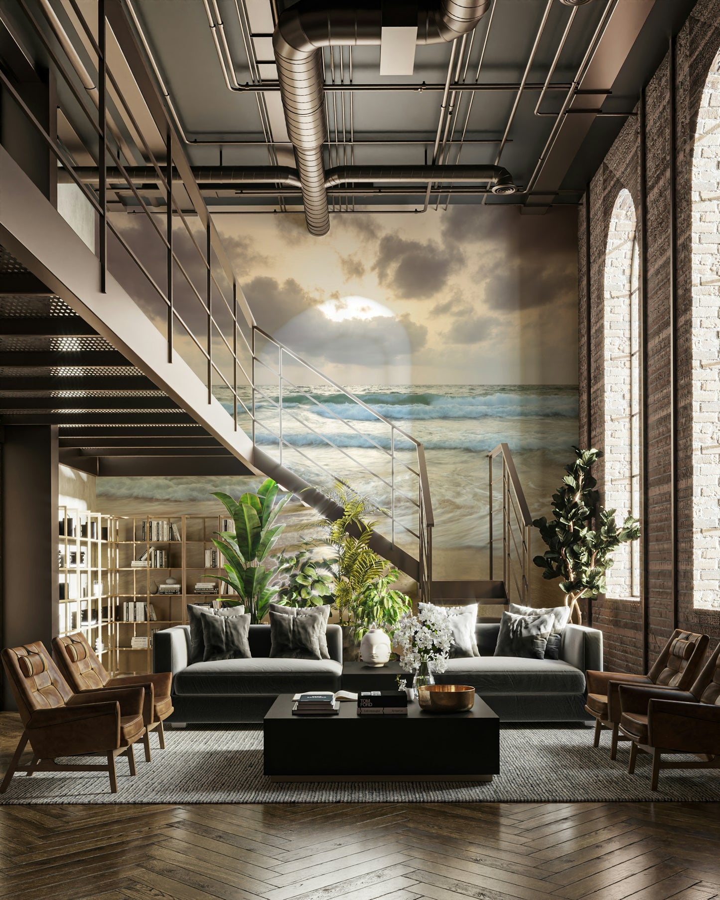 The mural is installed in a modern, quiet living room.

