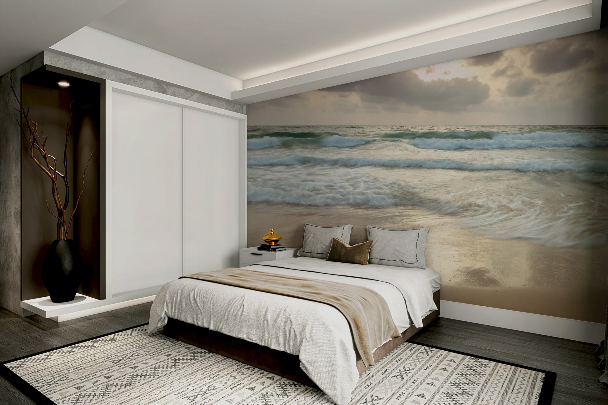 A wall mural featuring a serene beach scene.

