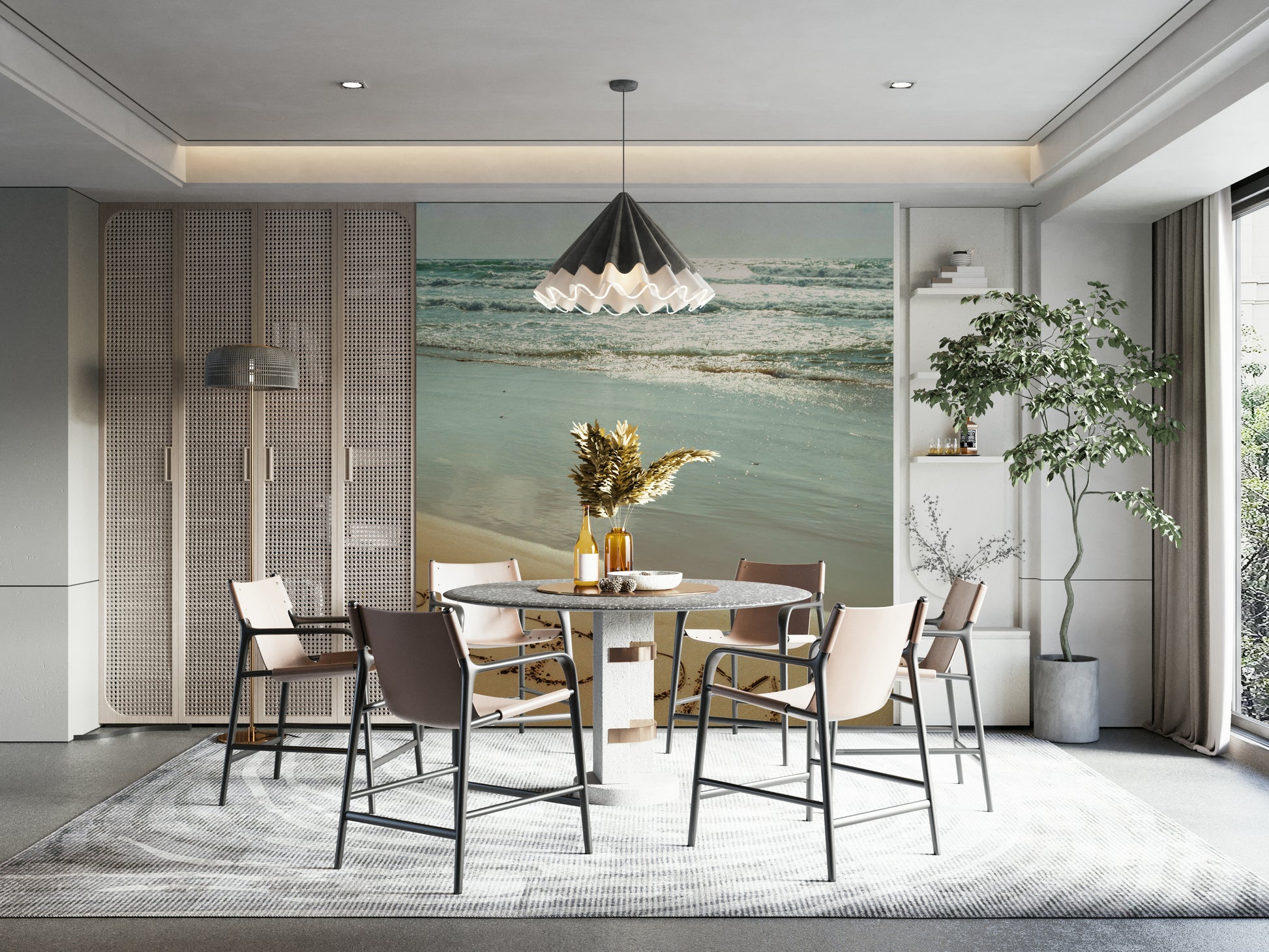 The ocean is in the background with gentle, rolling waves.

