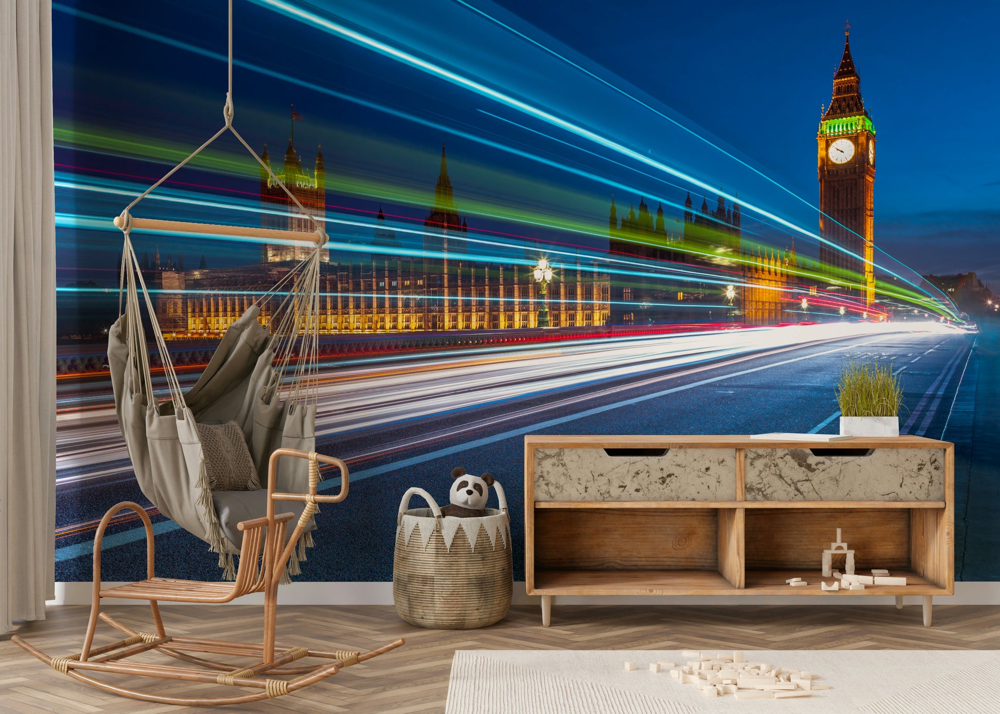 The mural extends across the entire wall, creating a dynamic backdrop.

