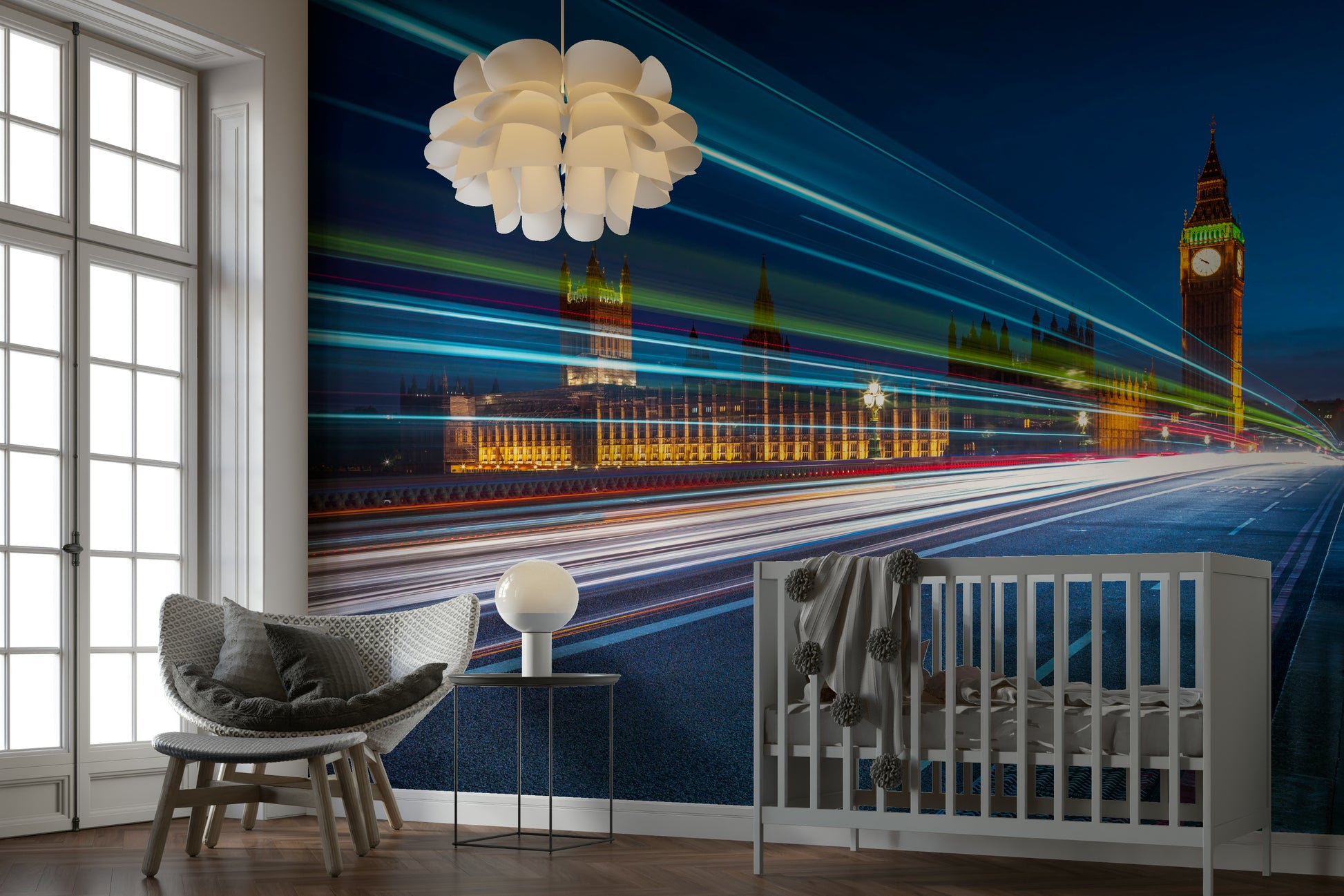 A close-up view shows the blurred light of cars and buses.

