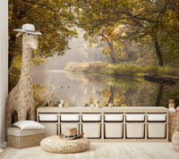 A wall mural featuring a serene autumn water scene.

