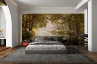 The trees have autumn leaves, giving the scene a fall feel.

