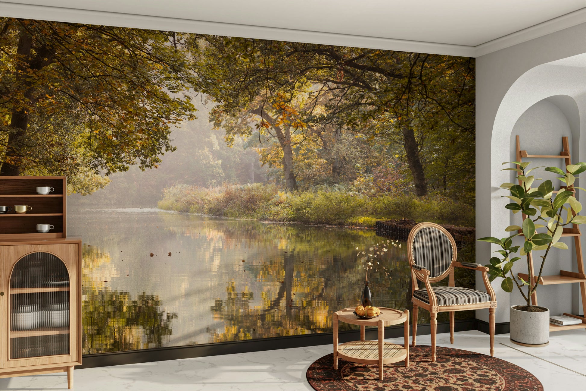 The mural is installed in a modern, peaceful living room.

