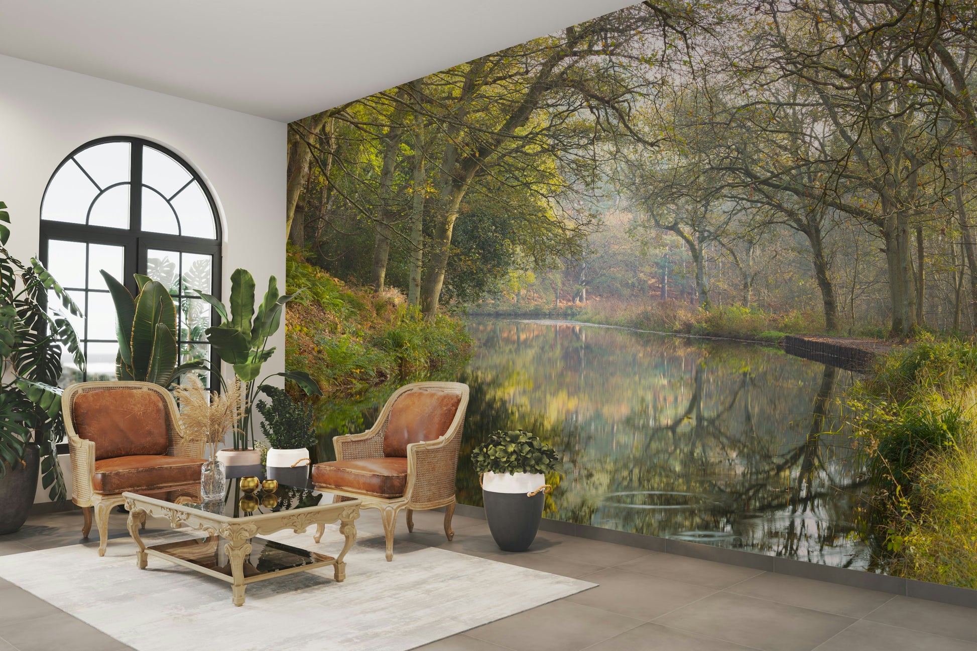 The mural is installed in a modern, quiet living room.

