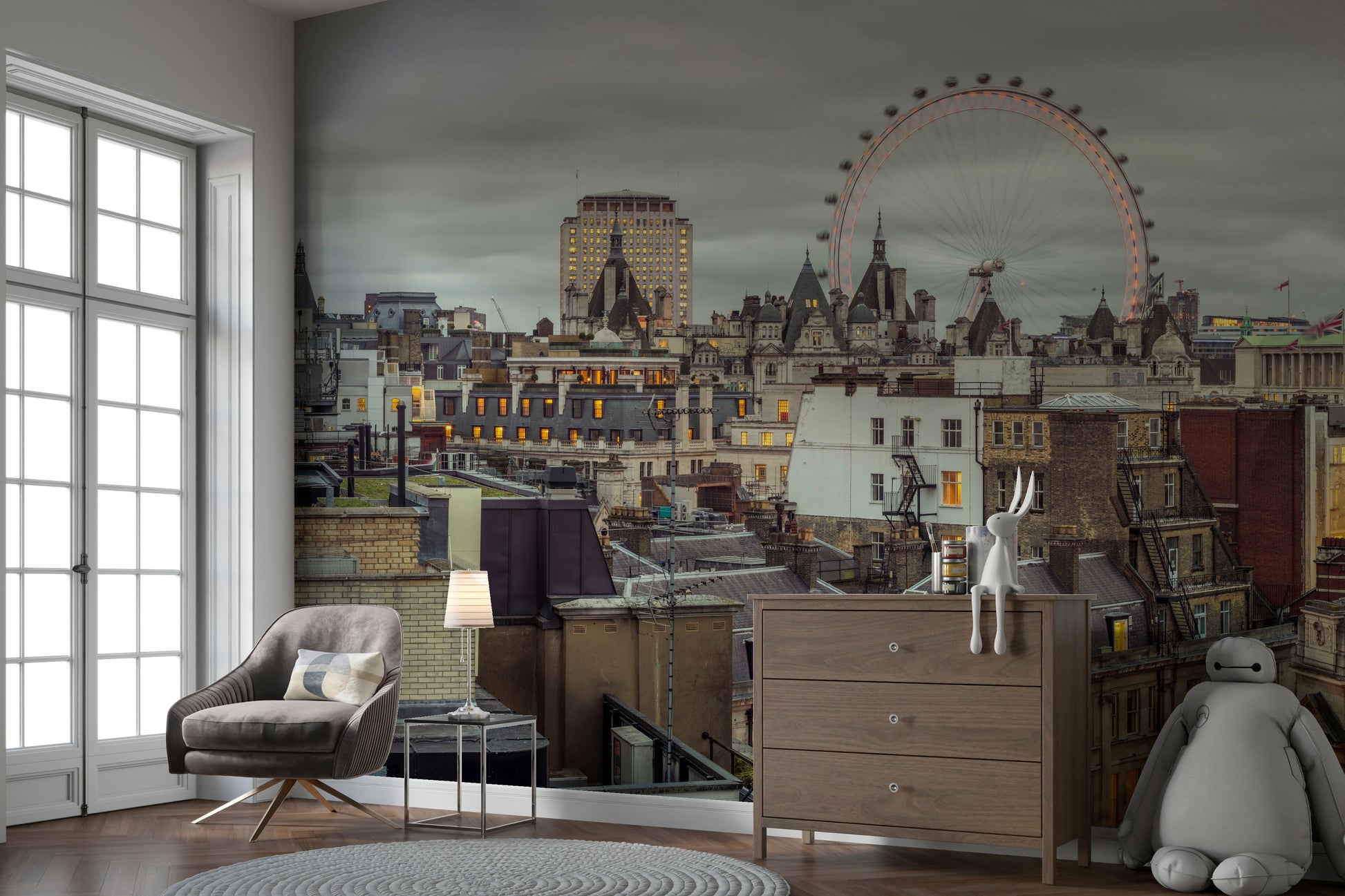 The image shows a full wall with iconic buildings and a wide cityscape.

