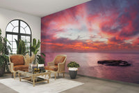 The room's lighting highlights the serene, quiet feel of the mural.

