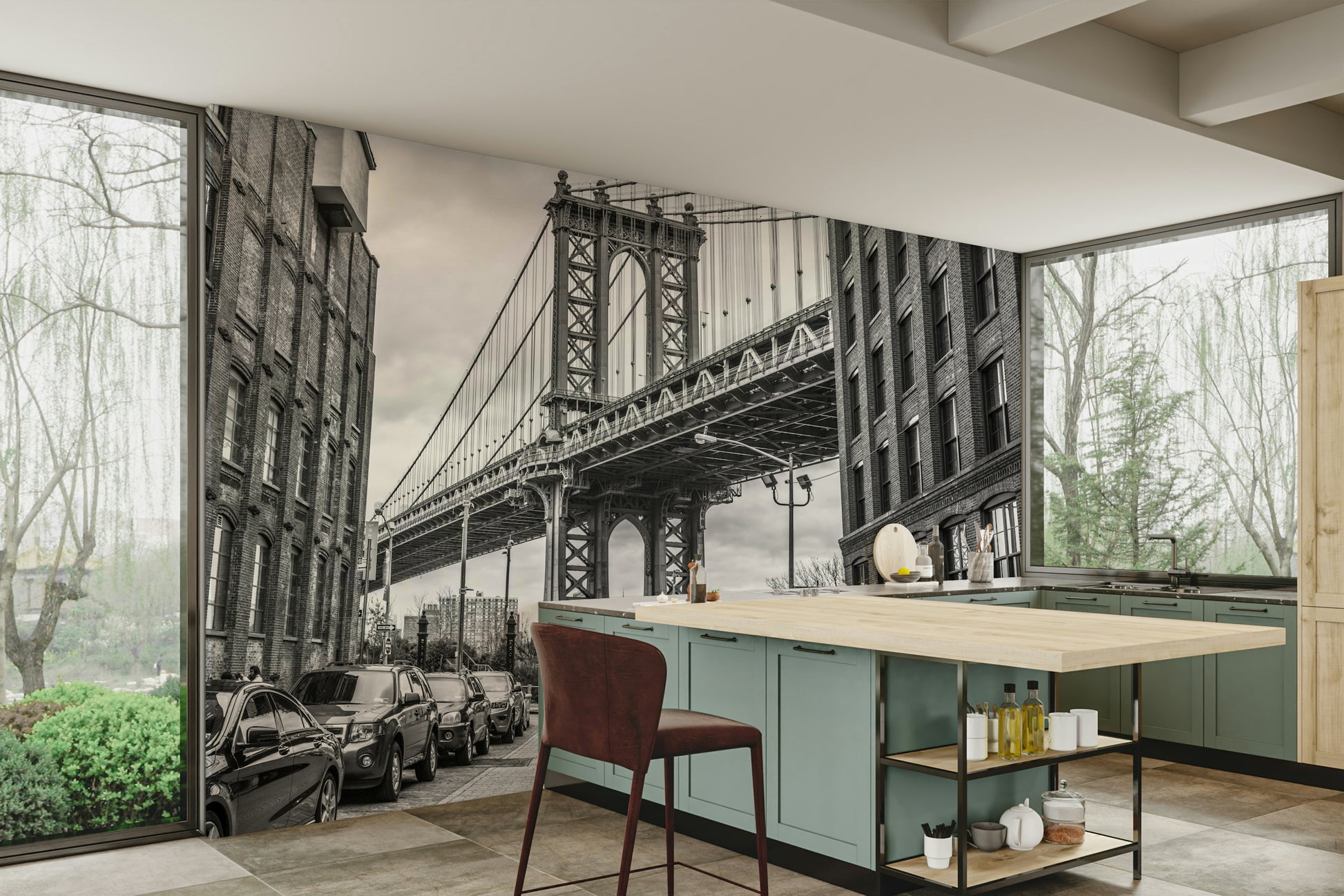 Brick buildings line the sides of the street leading to the bridge.

