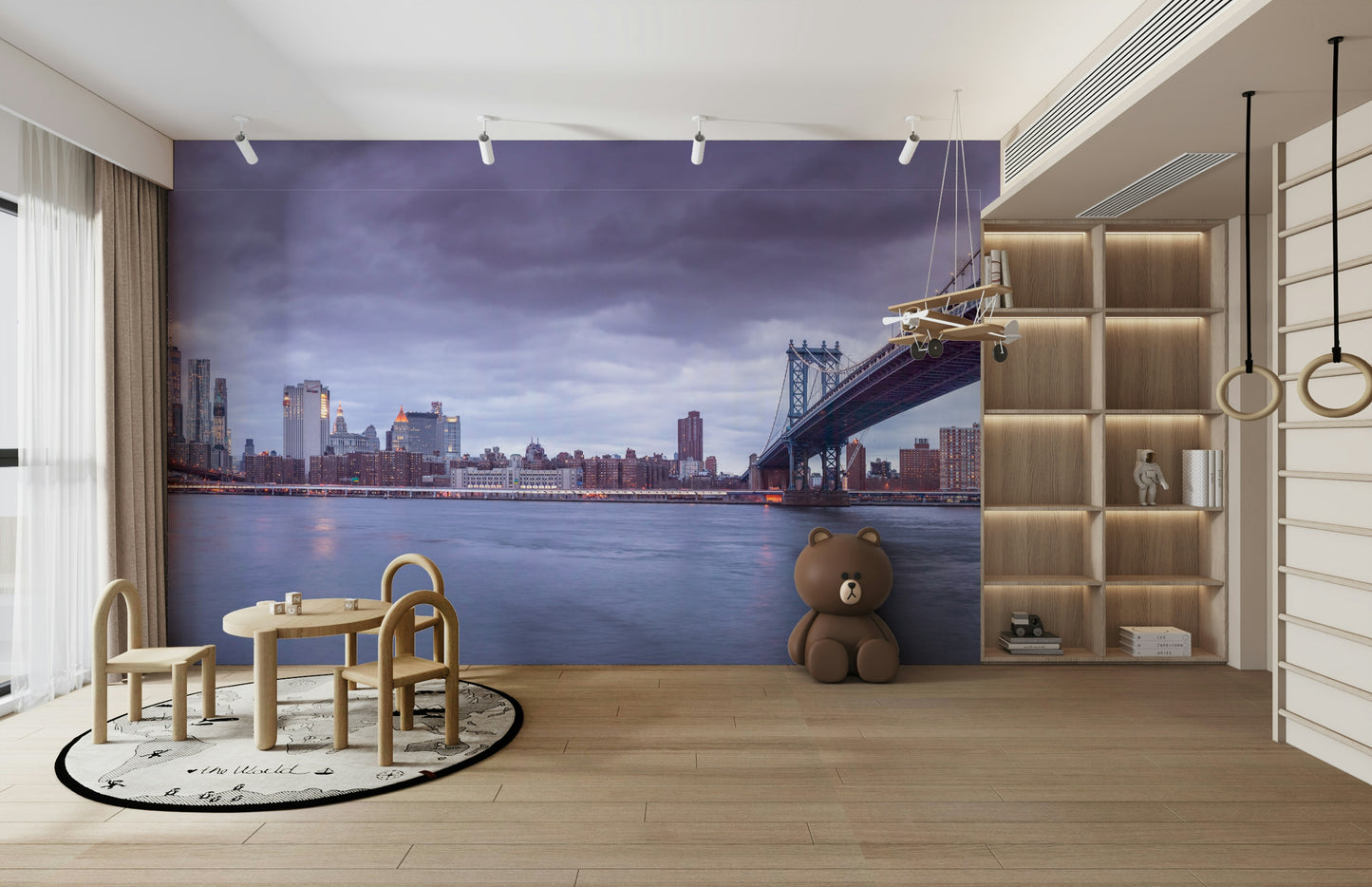 The colors are soft and gentle, with deep blues and warm golden lights.

