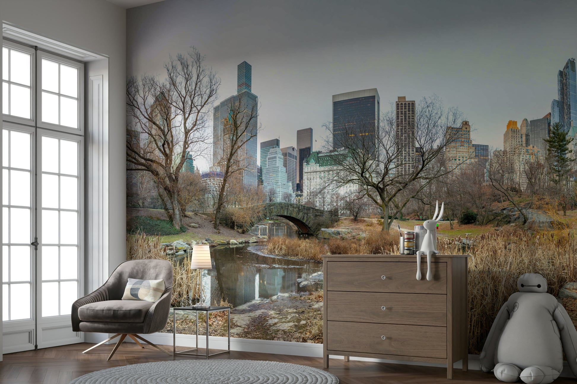 A wall mural featuring a serene park scene.

