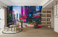 The mural extends across the entire wall, creating a dynamic backdrop.

