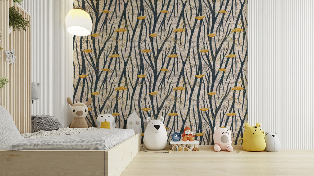 The wallpaper is installed in a modern, quiet living room.

