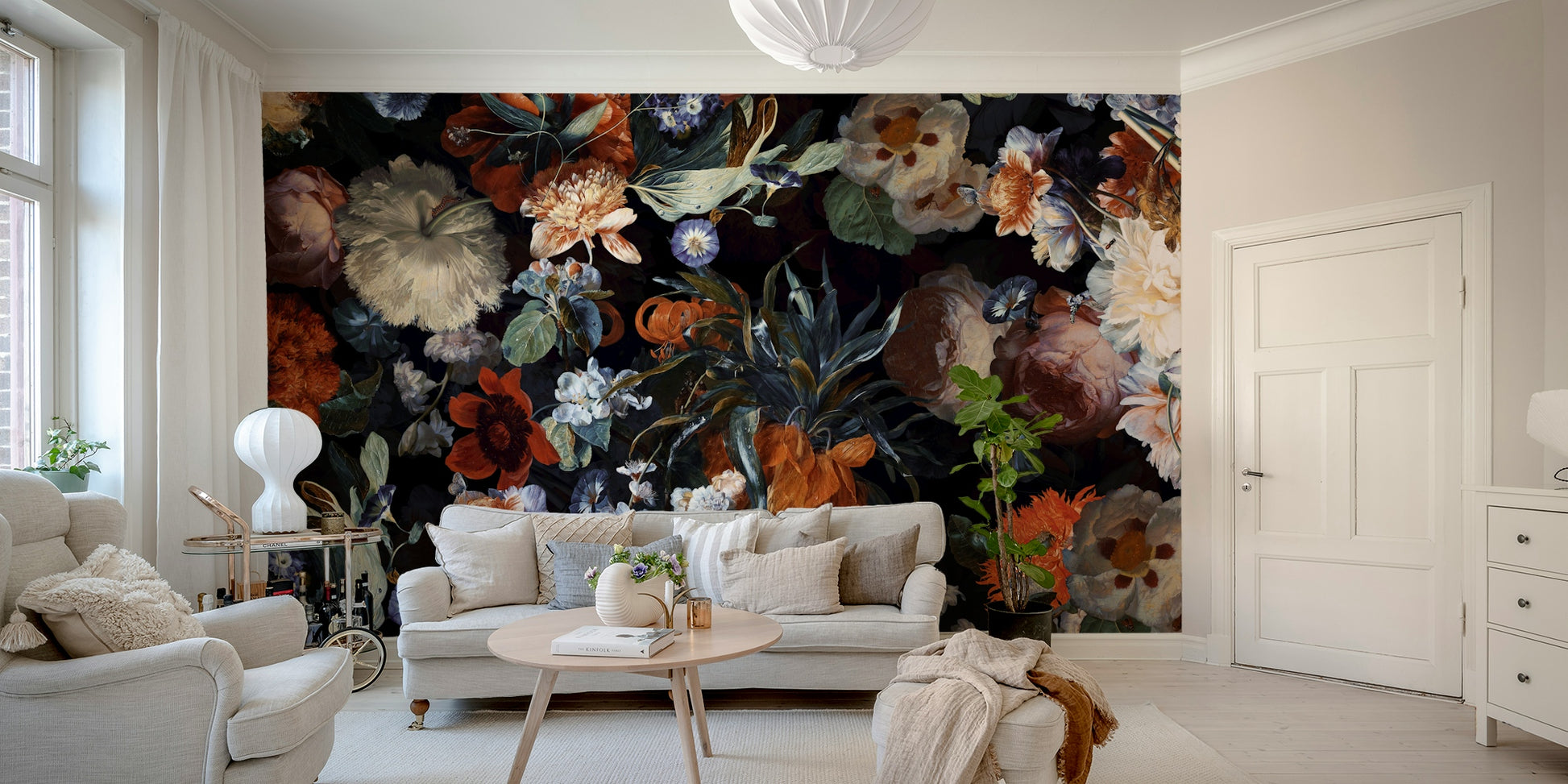 A wall mural featuring a bold, artistic floral pattern.

