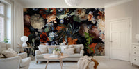 A wall mural featuring a bold, artistic floral pattern.

