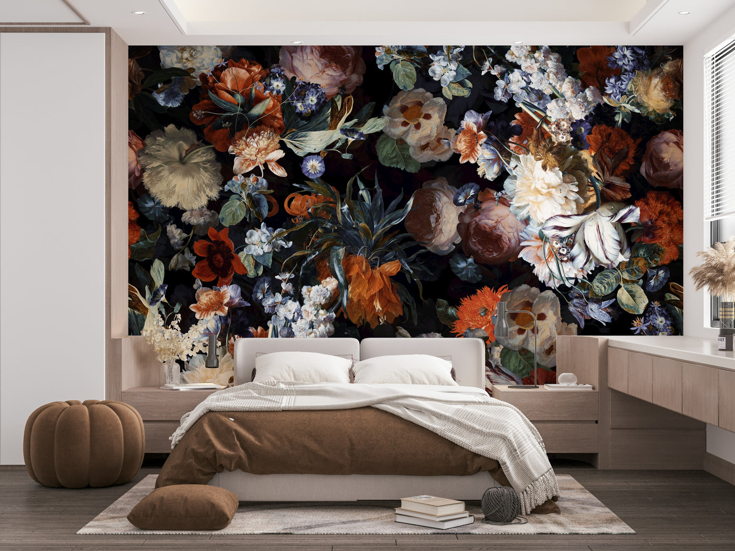 The image shows a full wall with several large flowers on a dark, moody background.

