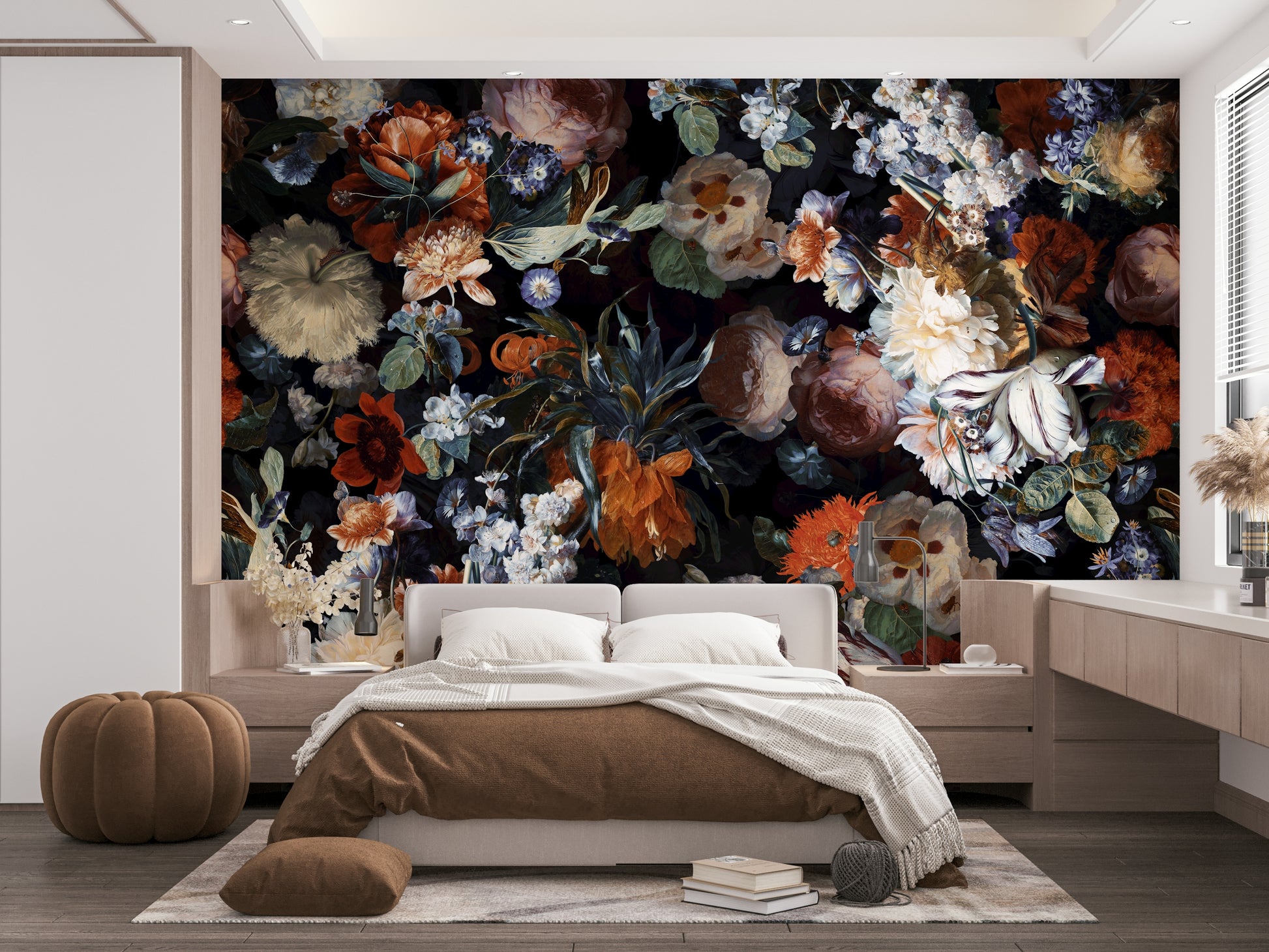 The image shows a full wall with several large flowers on a dark, moody background.

