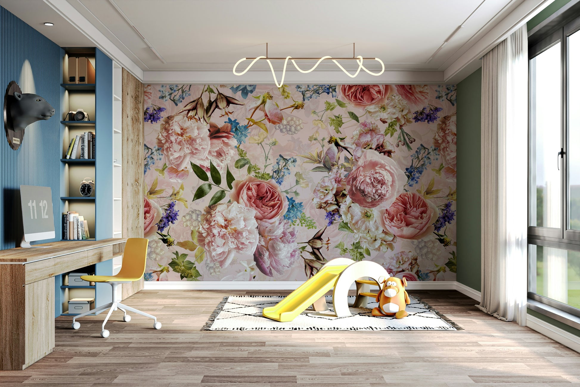 The mural is installed in a modern, eclectic living room.

