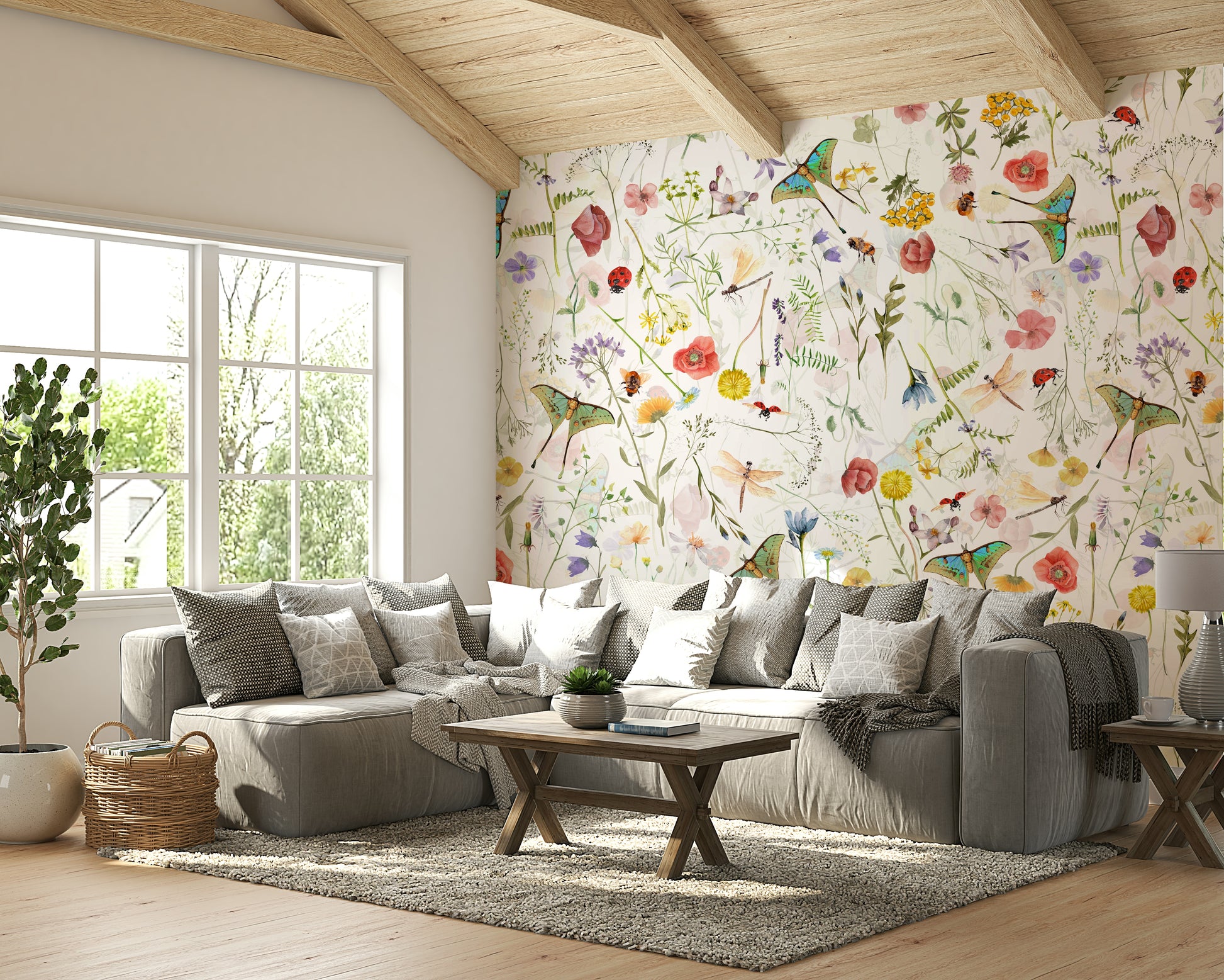 The mural is installed in a modern, eclectic living room.


