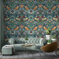 The wallpaper is installed in a classic, elegant living room.

