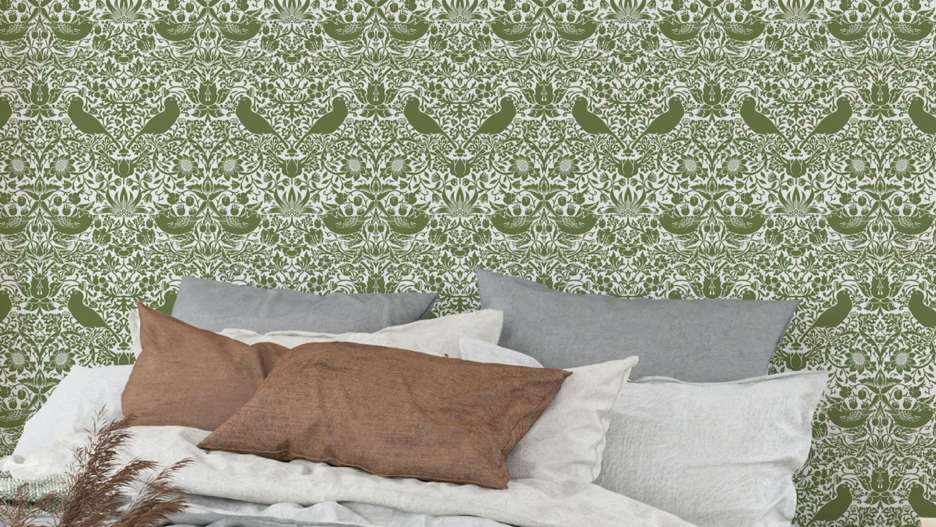A wallpaper featuring a classic, intricate botanical pattern.

