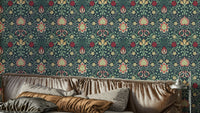A wallpaper featuring a classic, intricate floral pattern.


