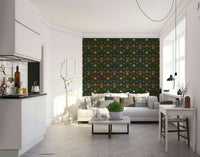 The wallpaper is installed in a classic, elegant living room.

