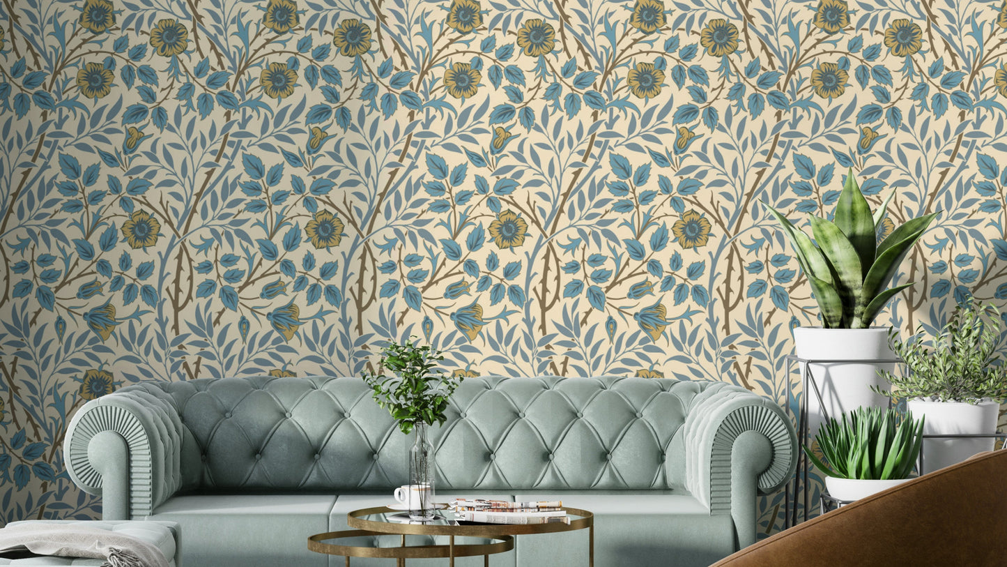 The wallpaper is installed in a classic, elegant living room.

