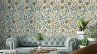 The wallpaper is installed in a classic, elegant living room.

