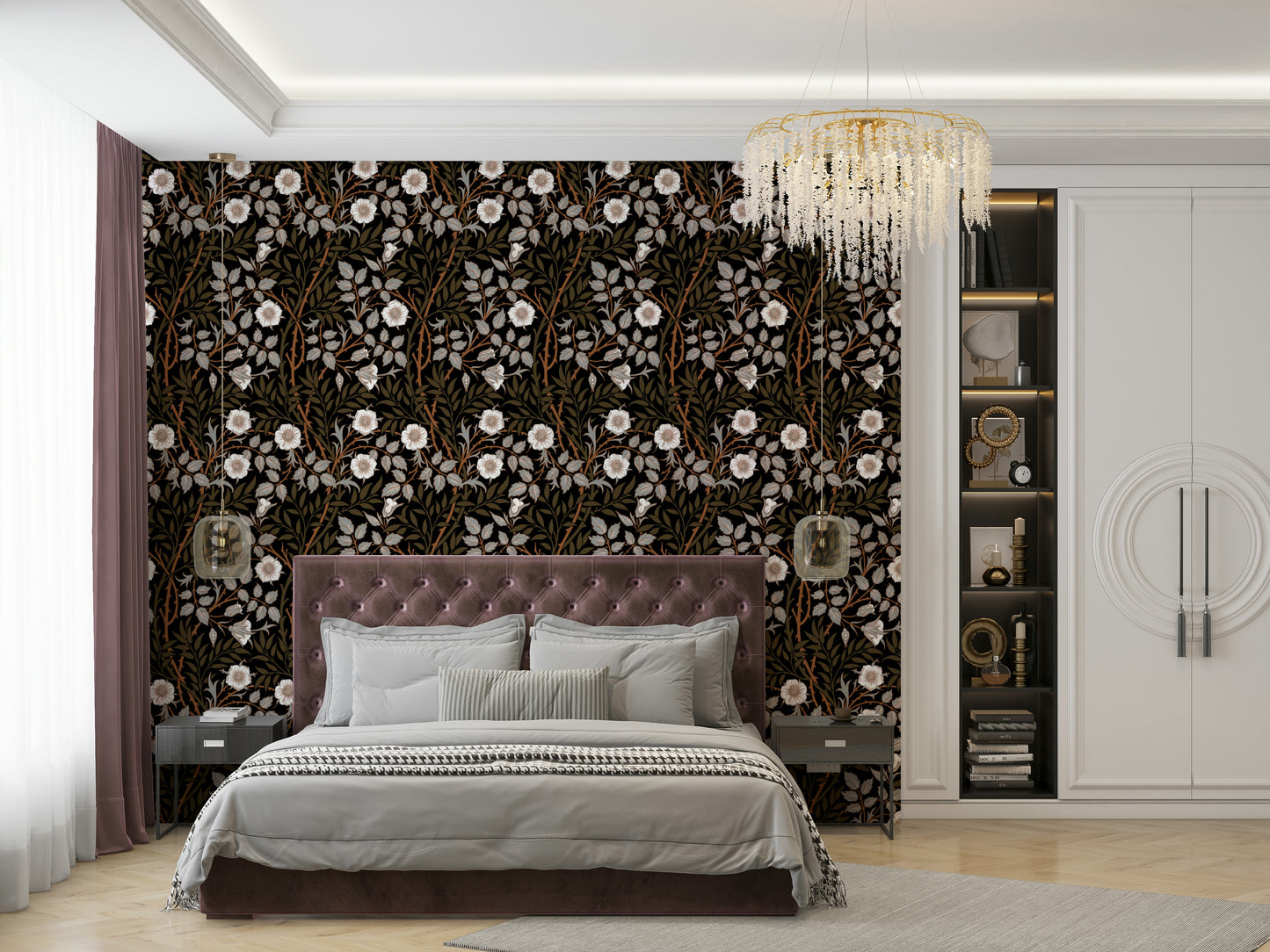 The wallpaper is installed in a classic, elegant living room.

