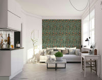The wallpaper is installed in a classic, elegant living room.

