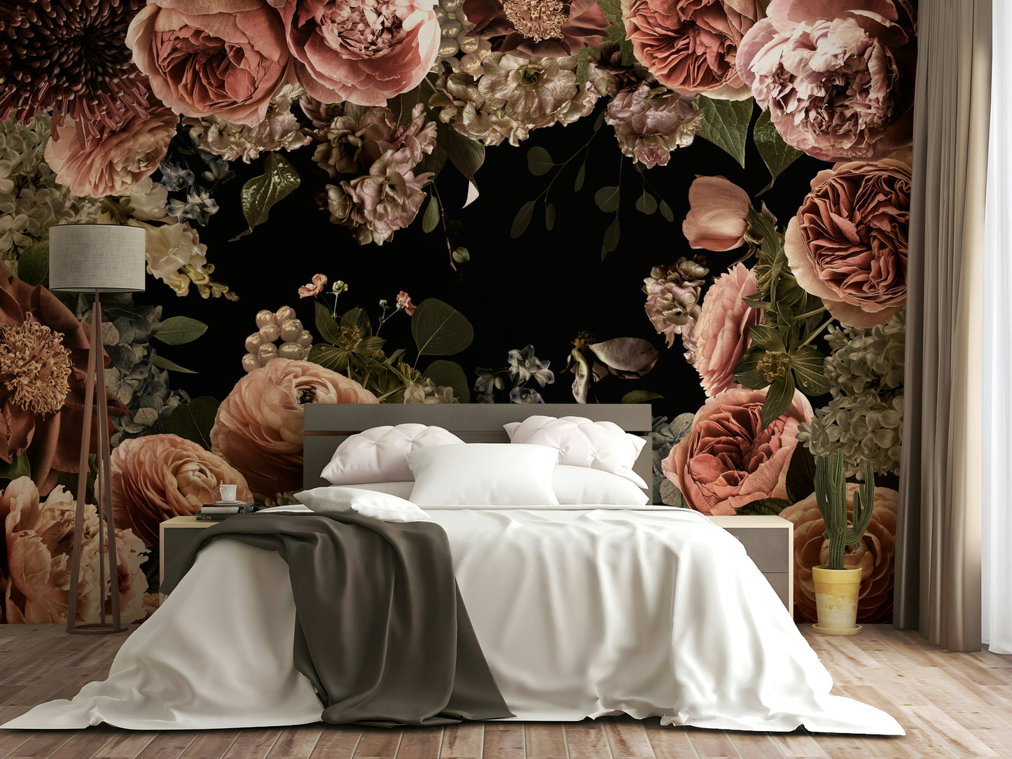 A wall mural featuring a bold, artistic floral pattern.

