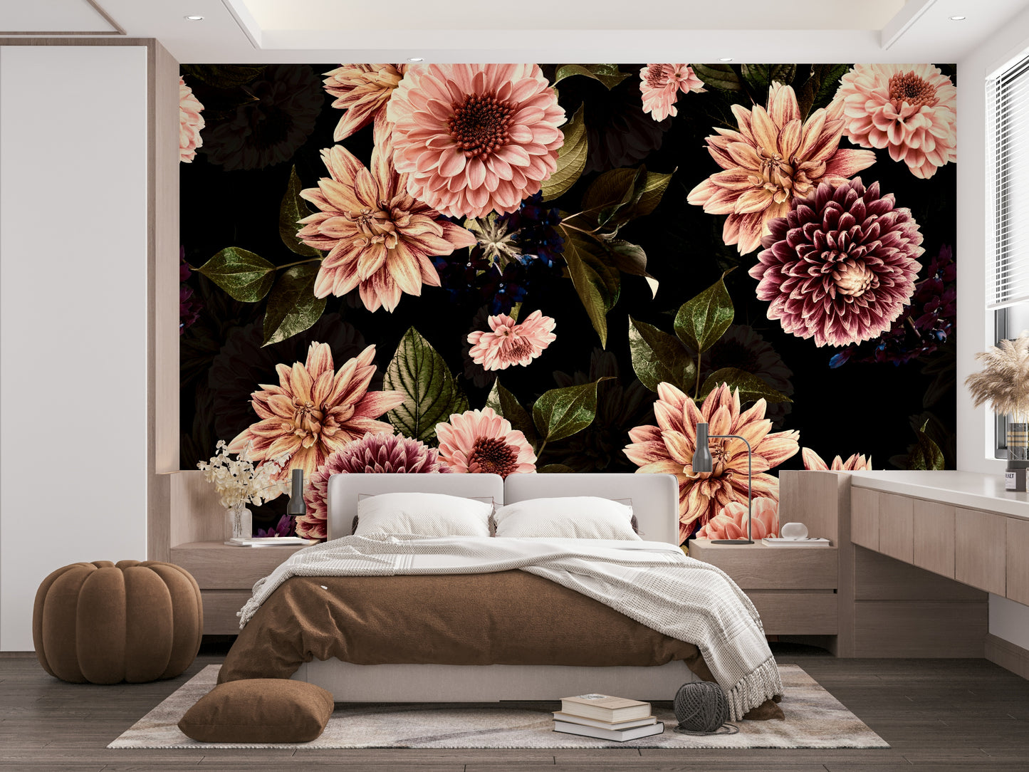 A wall mural featuring a bold, artistic floral pattern.

