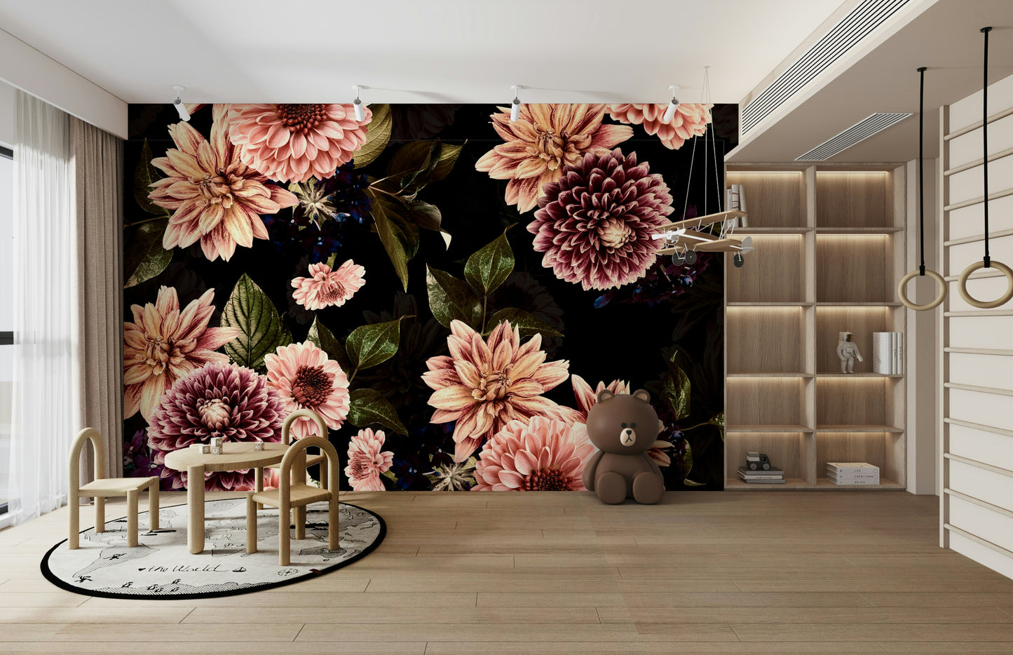 The mural extends across the entire wall, creating a dynamic backdrop.

