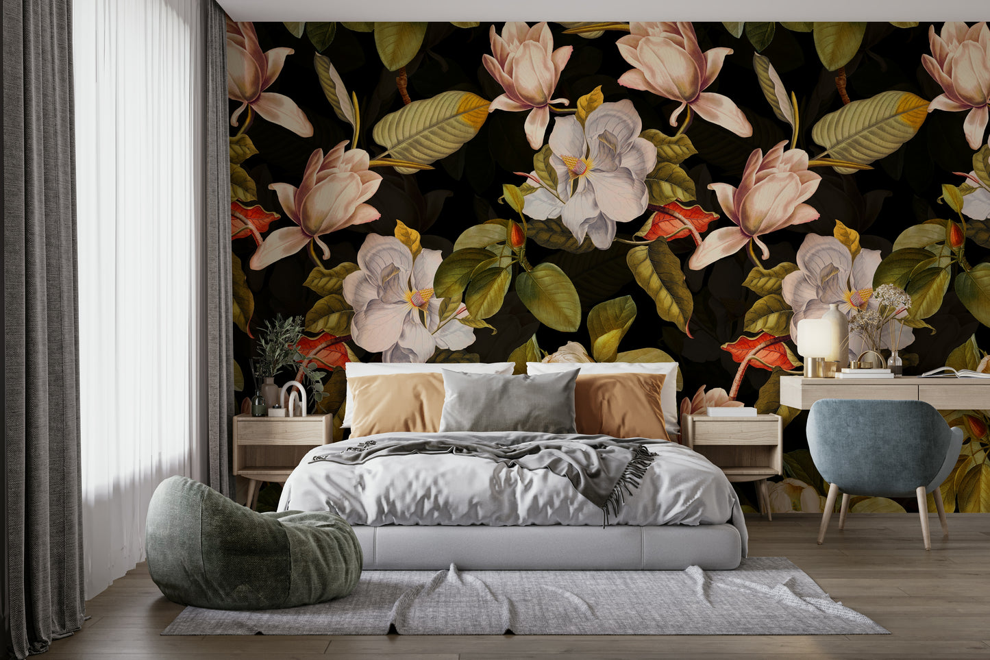 A wall mural featuring a bold, artistic floral pattern.


