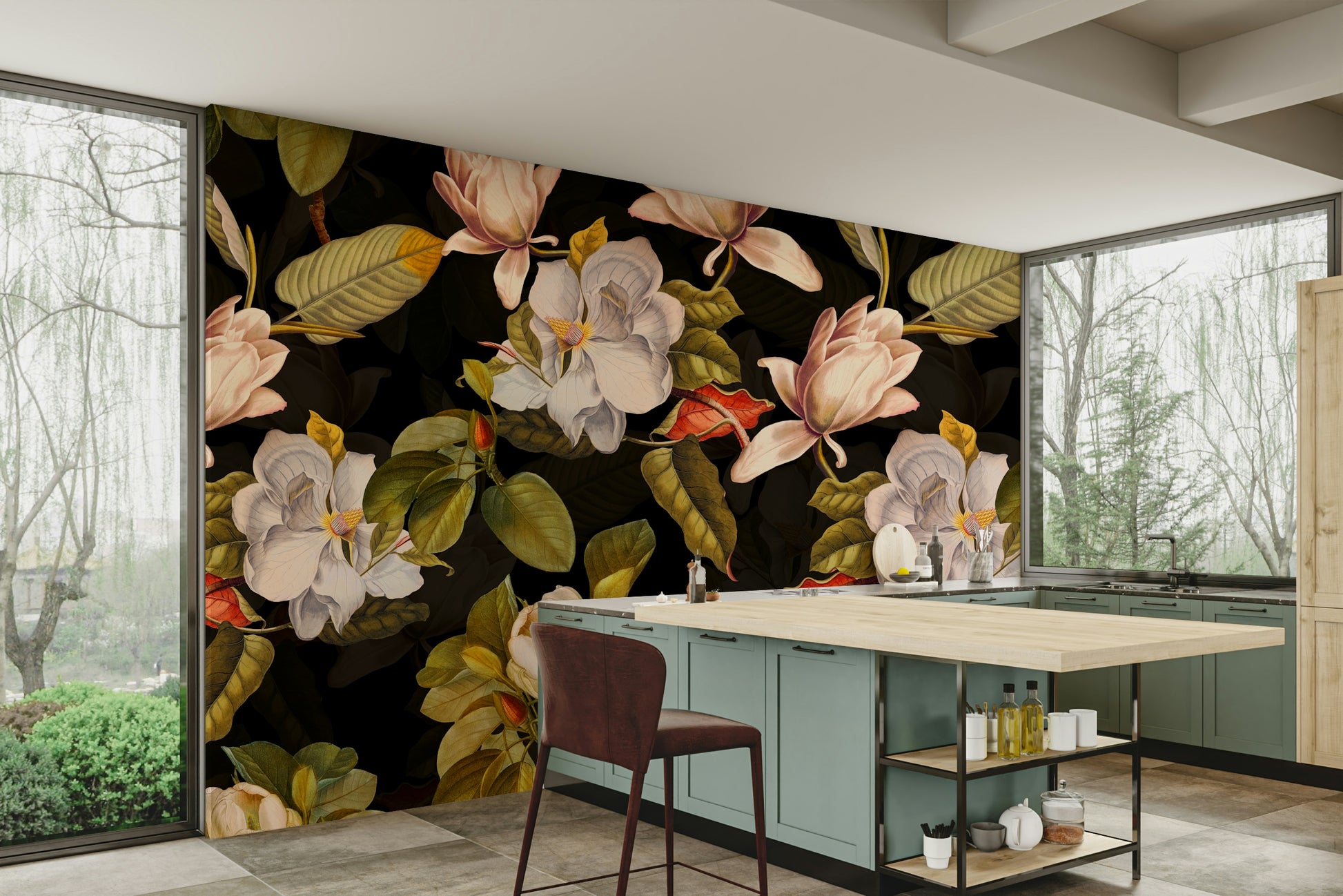 The image shows a full wall with several large flowers on a dark, moody background.

