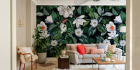 The mural is installed in a modern, eclectic living room.

