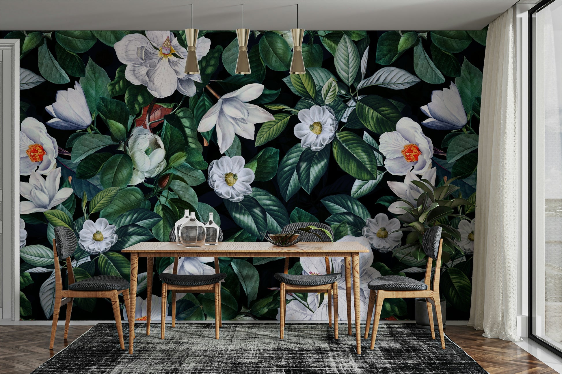 The image shows a full wall with several large flowers on a dark, moody background.

