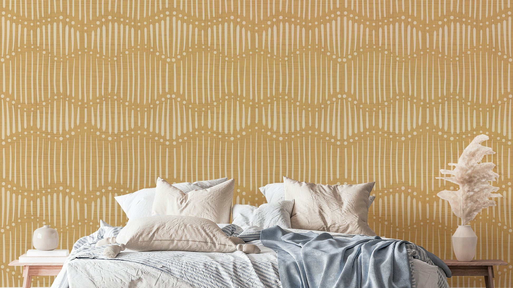 The image shows a full wall with a repeating design of gentle, wavy lines.

