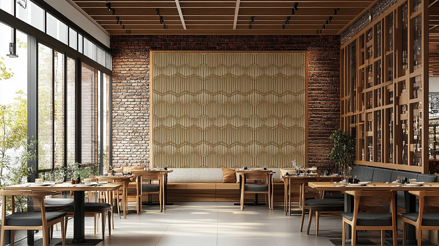 The image shows a full wall with a repeating design of gentle, wavy lines.

