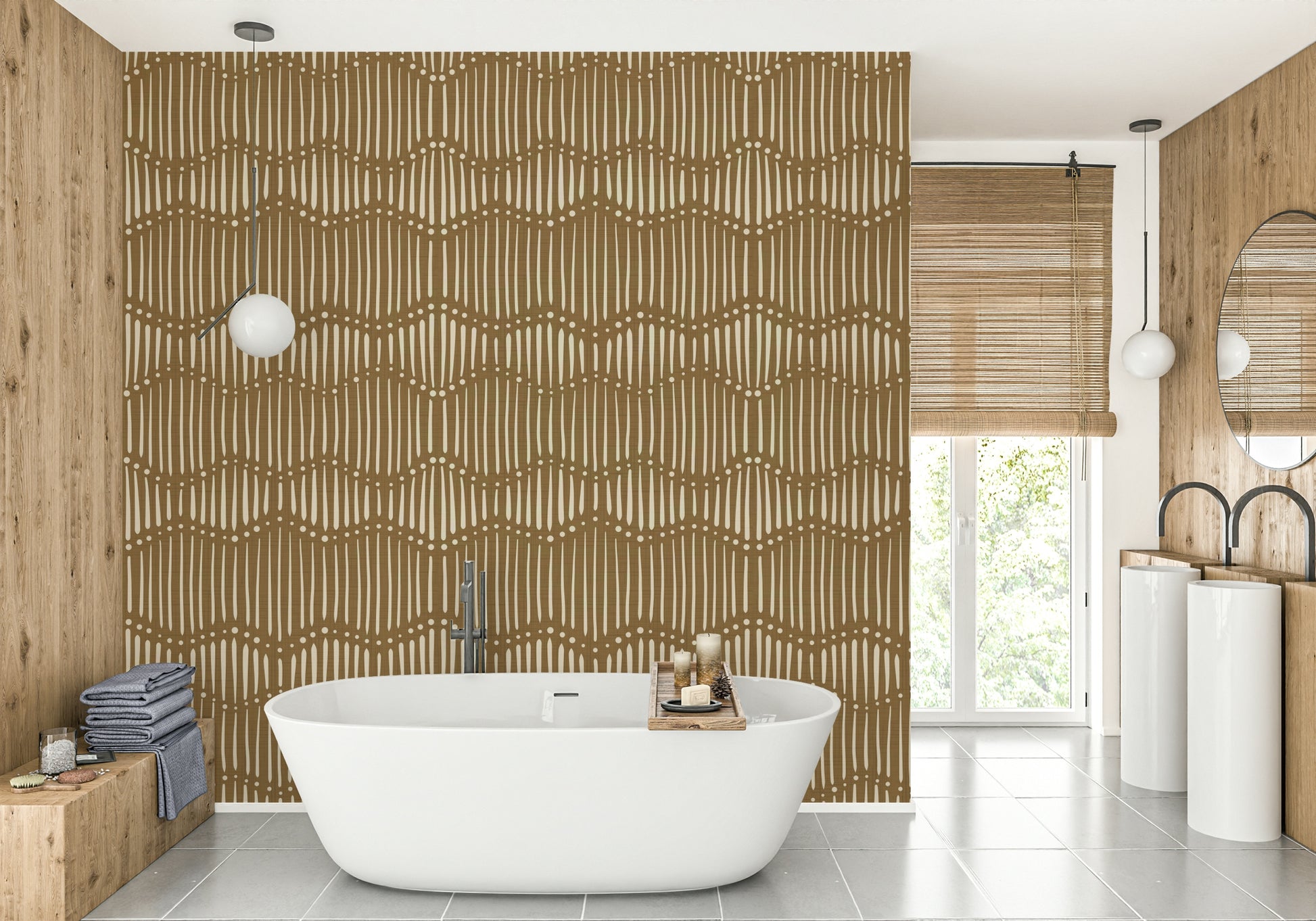 A wall mural featuring a soft, abstract boho pattern.


