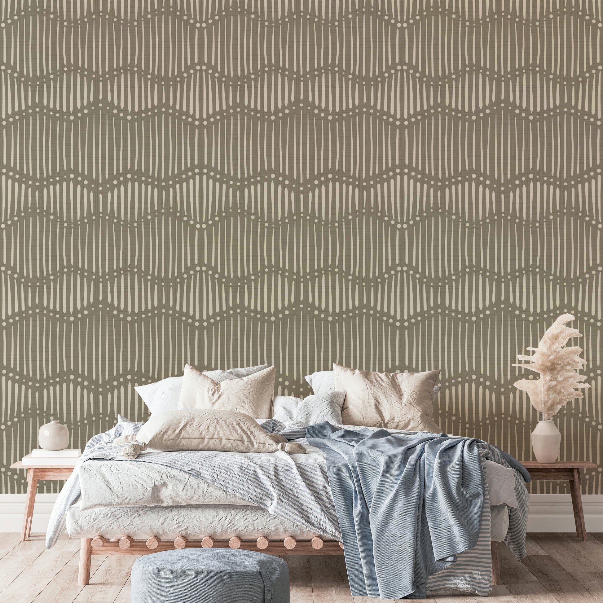 The colors are soft and gentle, with many shades of muted green and light brown.

