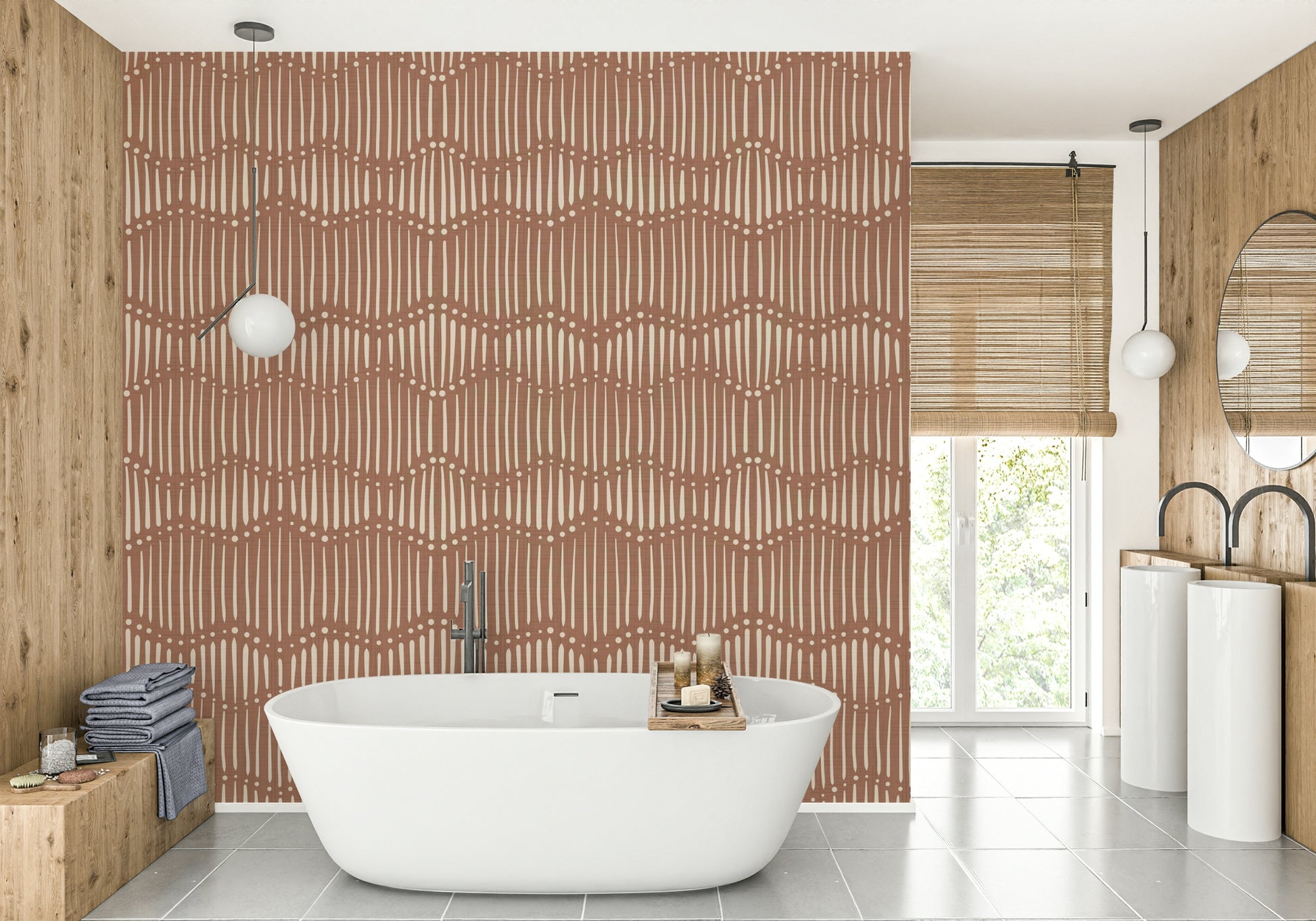 The image shows a full wall with a repeating design of gentle, wavy lines.

