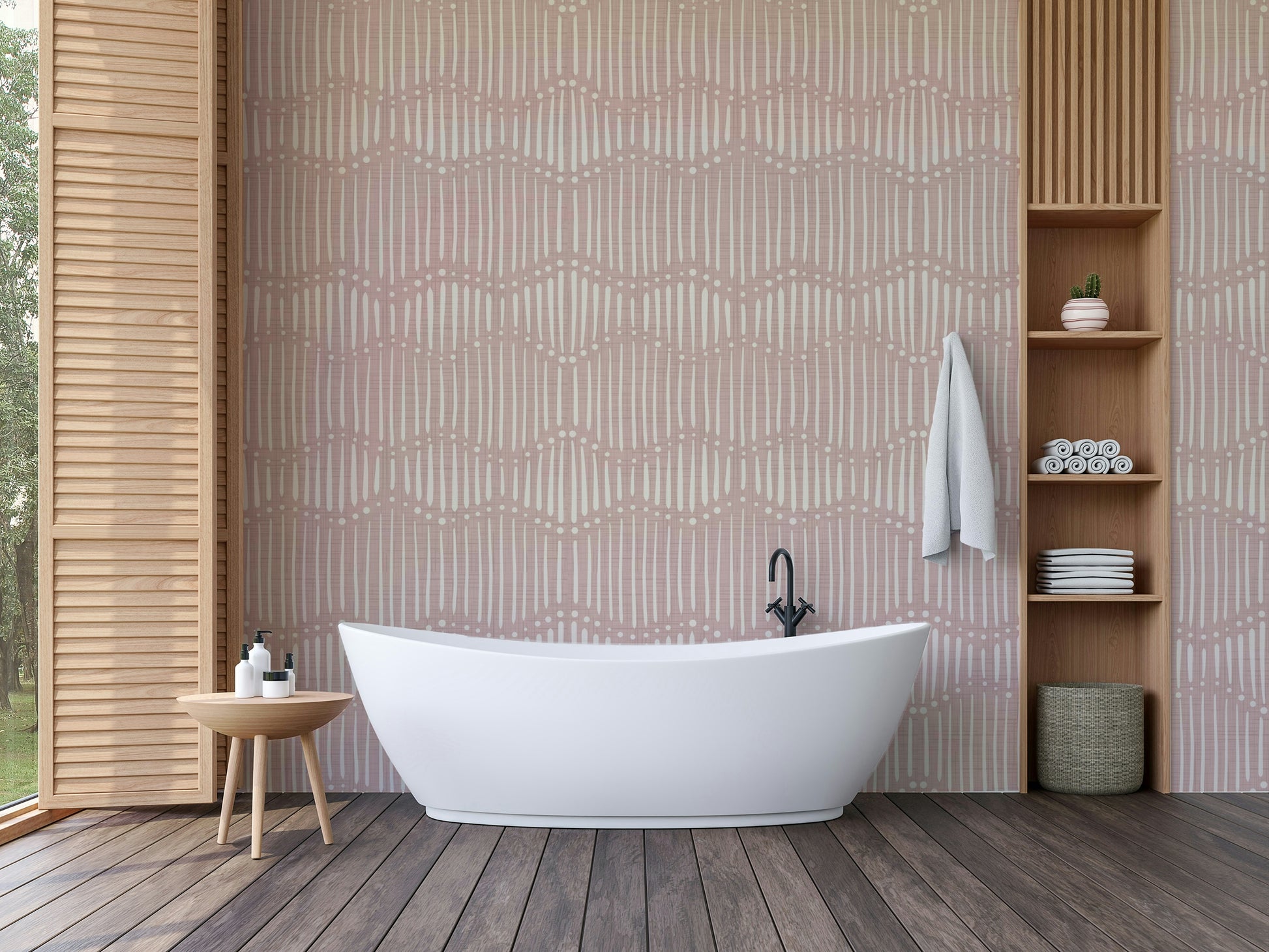 The image shows a full wall with a repeating design of gentle, wavy lines.

