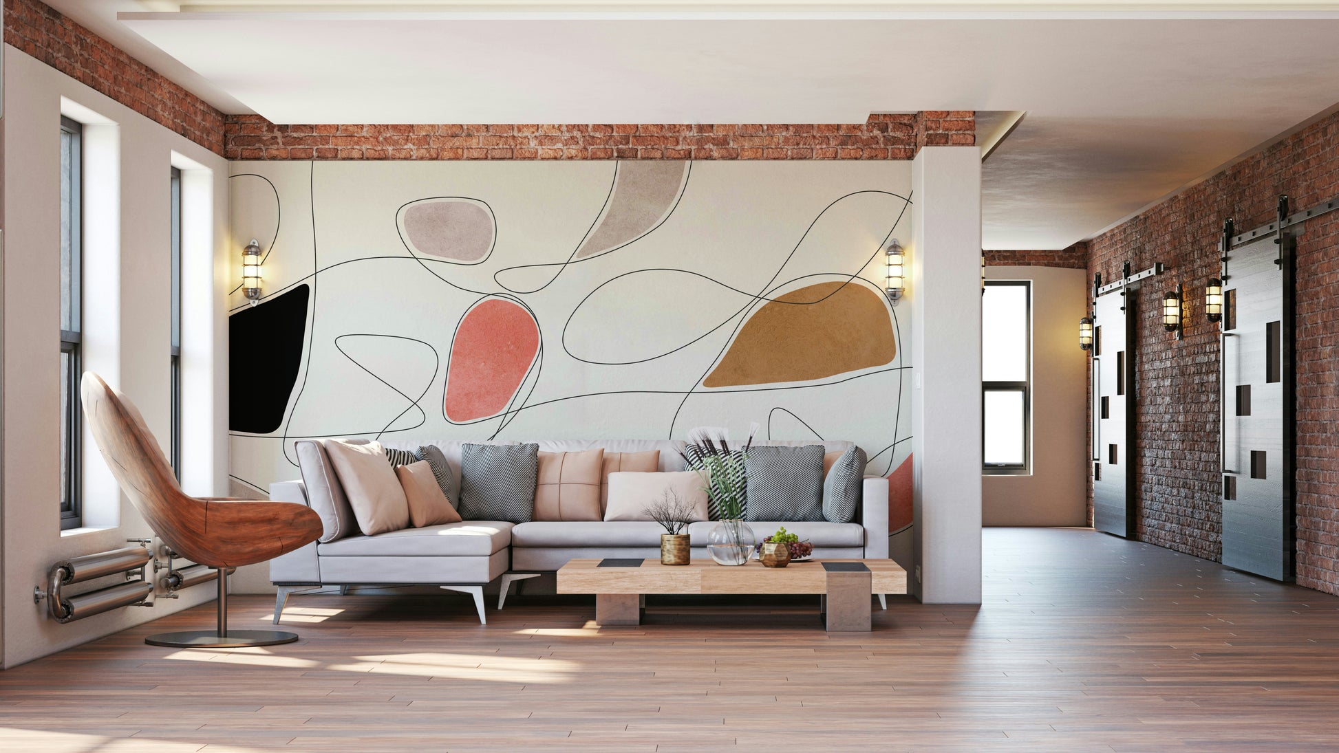 A wall mural featuring a soft, abstract pattern with a flowing, harmonious feel.

