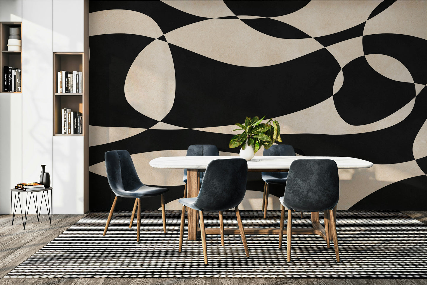 The room's lighting highlights the serene, quiet feel of the mural.

