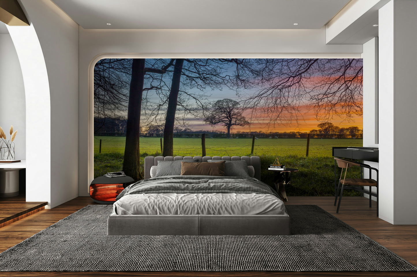 The mural extends across the entire wall, creating a clean backdrop.

